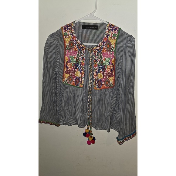 Zara Tops - Zara Woman Jacket Blouse Embroidered Boho Pom Pom Blue White Striped Womens Sz S
